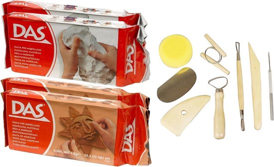 Modelling Clay Packs Combi Set - 2x Kilo Terracotta and 2x Kilo White Clay - With modelling tools 8 pieces